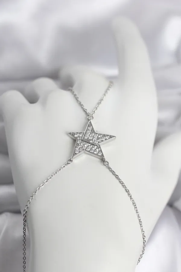 Pirinç Gümüş Renk Zirkon Taşlı Yıldız Model Kadın Şahmeran