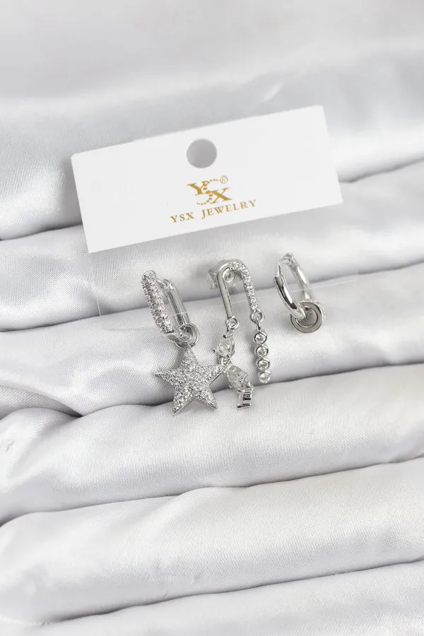 Pirinç Gümüş Renk Zirkon Taşlı Yıldız Vintage Model YSX Trio Küpe Seti