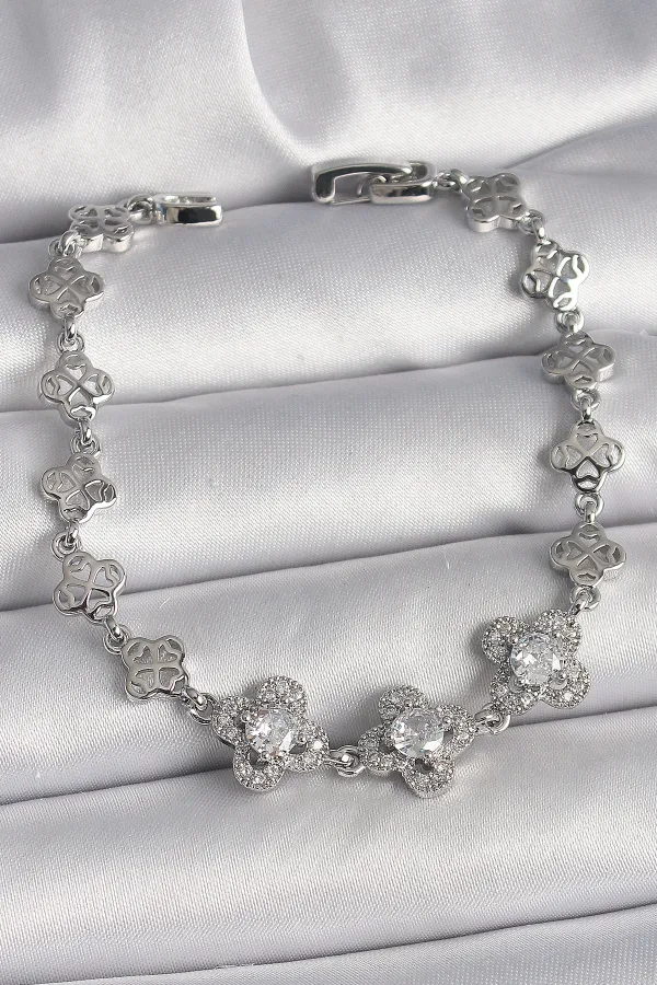 Pirinç Gümüş Renk Zirkon Taşlı Yonca Model Kadın Bileklik