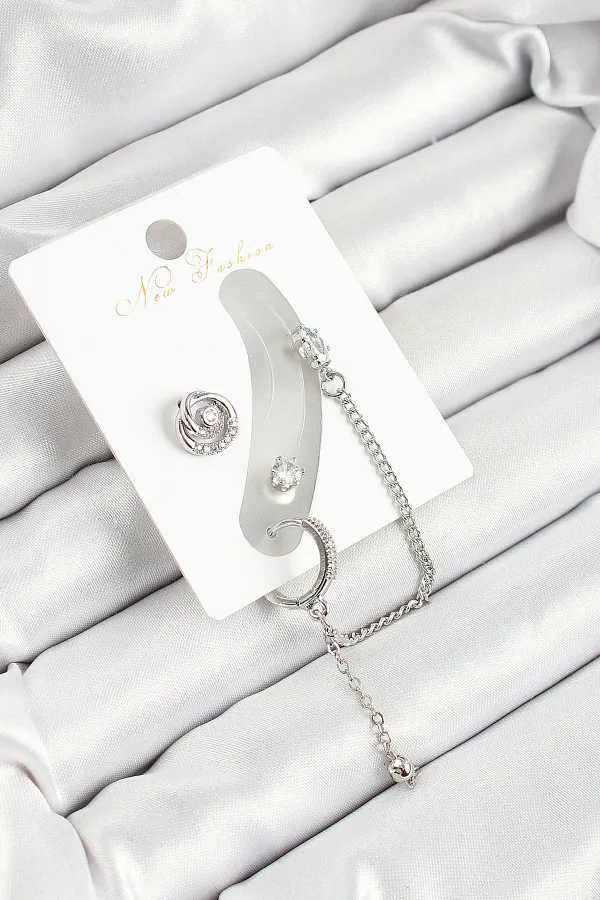 Pirinç Halka Figürlü Zirkon Taşlı Gümüş Renk 3'lü Kıkırdak Kadın Küpe Set