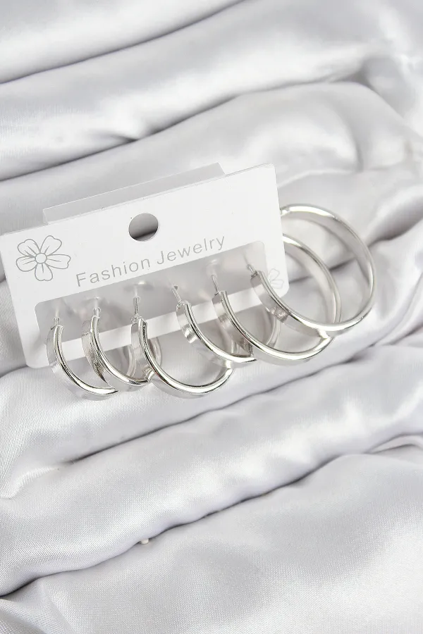 Pirinç Halka Model Gümüş Renk Kadın Set Küpe