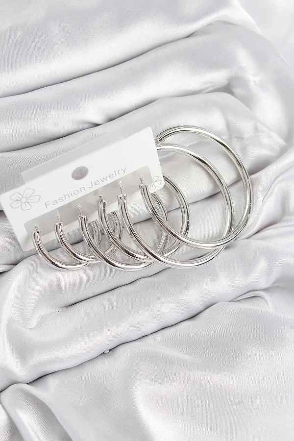 Pirinç Halka Model Gümüş Renk Kadın Set Küpe