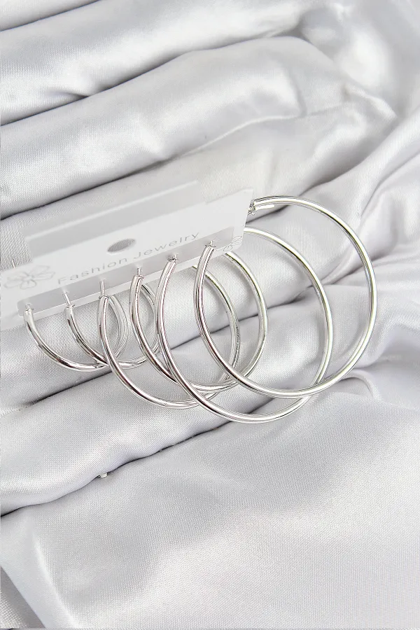 Pirinç Halka Model Gümüş Renk Kadın Set Küpe