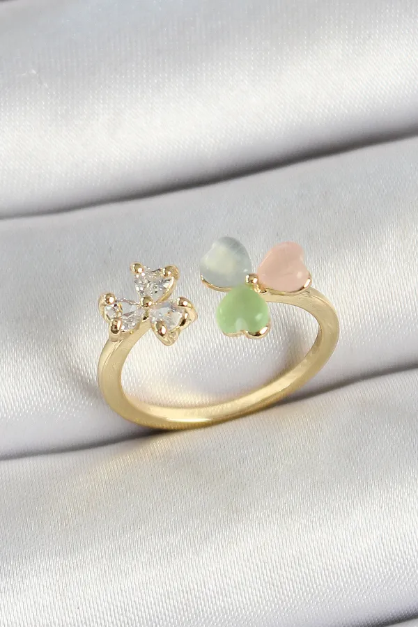 Pirinç Kalp Figürlü Zirkon Taşlı Gold Renk Ayarlanabilir Kadın Yüzük