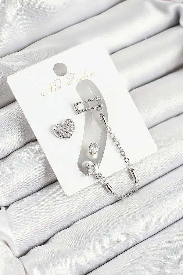 Pirinç Kalp Figürlü Zirkon Taşlı Gümüş Renk 3'lü Kıkırdak Kadın Küpe Set