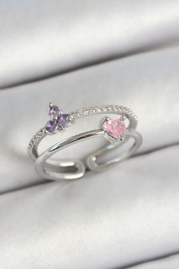 Pirinç Kalp Ve Çiçek Figürlü Zirkon Taşlı Gümüş Renk Ayarlanabilir Kadın Yüzük