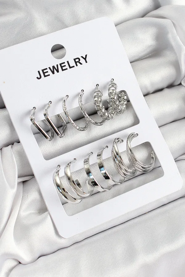Pirinç Karışık Halka Model Gümüş Renk 6 Çift Kadın Küpe Set