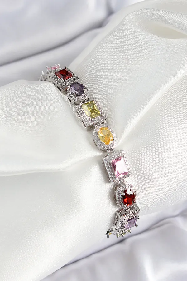 Pirinç Karışık Zirkon Taşlı Baget Model Gümüş Renk VIP Seri Kadın Bileklik