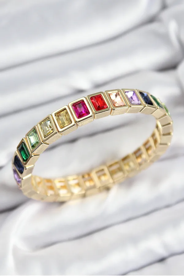 Pirinç Karışık Zirkon Taşlı Dikdörtgen Model Gold Renk Lastikli Kadın Bileklik