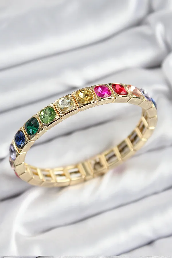 Pirinç Karışık Zirkon Taşlı Kare Model Gold Renk Lastikli Kadın Bileklik