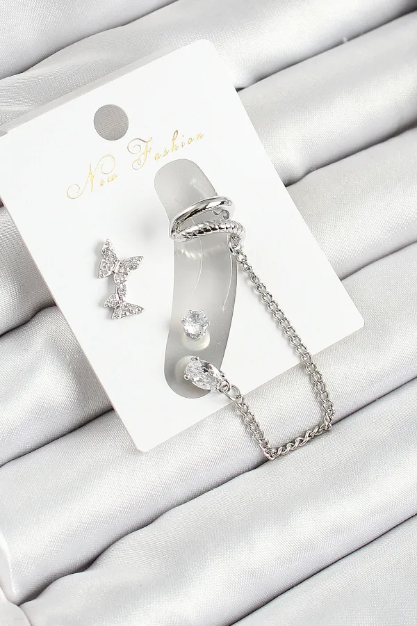 Pirinç Kelebek Figürlü Zirkon Taşlı Gümüş Renk 3'lü Kıkırdak Kadın Küpe Set