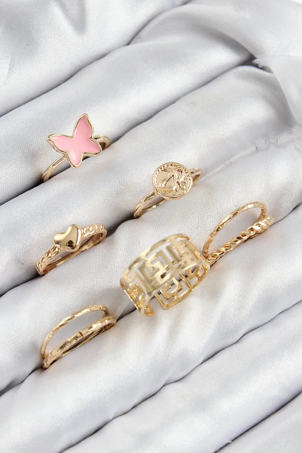 Pirinç Kelebek Ve Kalp Model Gold Renk Kadın Yüzük Kombin Set