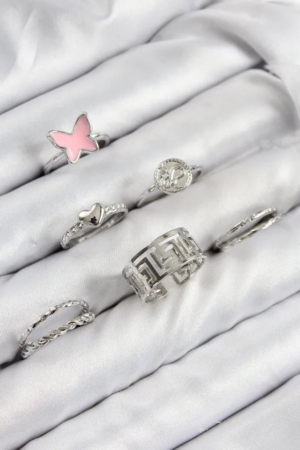 Pirinç Kelebek Ve Kalp Model Gümüş Renk Kadın Yüzük Kombin Set