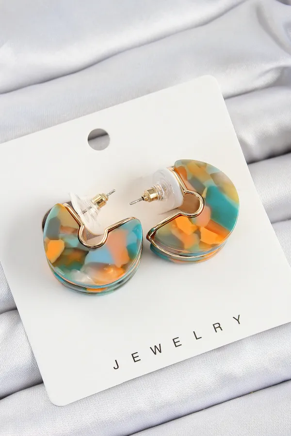 Pirinç Mermer Desenli Vintage Yarım Halka Model Gold Renk Kadın Küpe