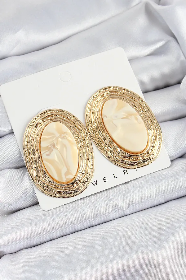 Pirinç Mermer Desenlli Bej Oval Vintage Model Gold Renk Kadın Küpe