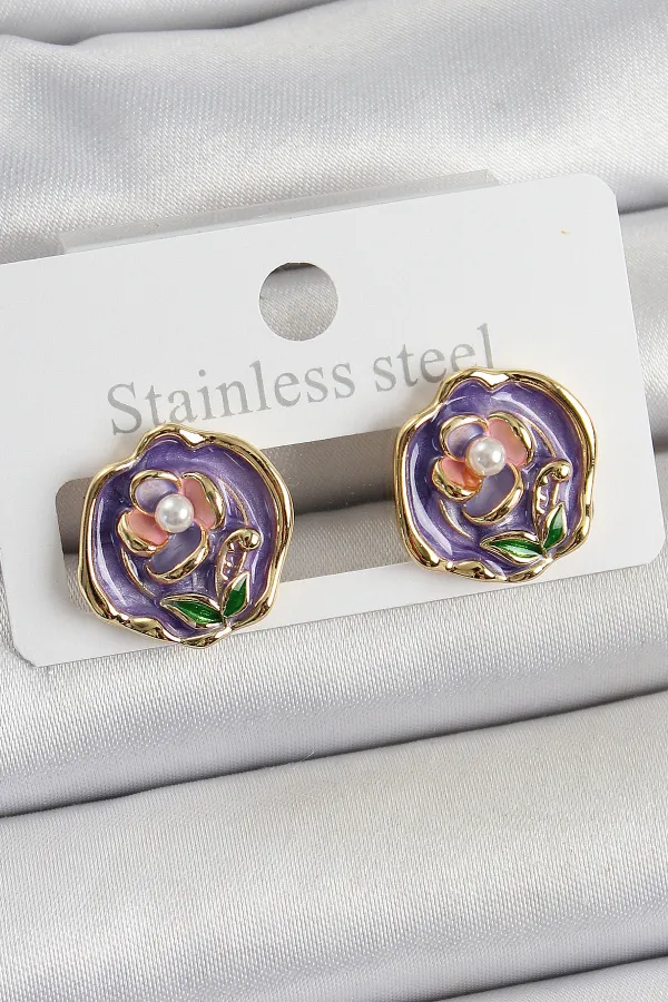 Pirinç Mor Mineli Çiçek Figürlü Sanatsal Portre Model Gold Renk Kadın Küpe