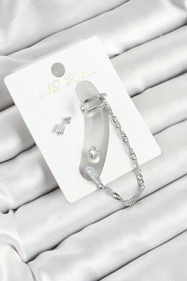 Pirinç Ok Figürlü Zirkon Taşlı Gümüş Renk 3'lü Kıkırdak Kadın Küpe Set