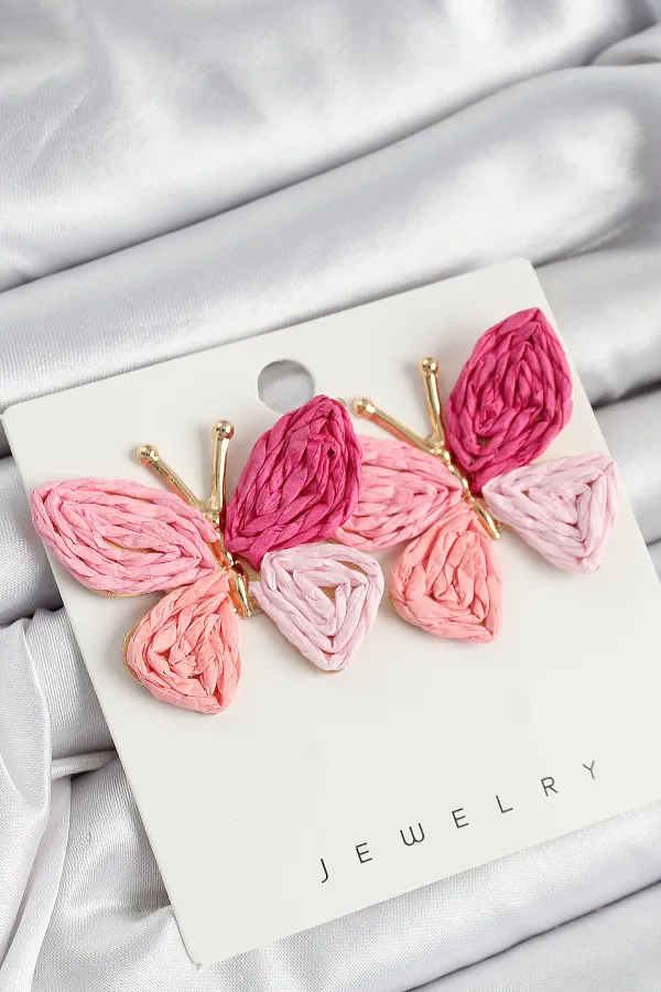 Pirinç Pembe Kelebek Model Gold Renk Kadın Hasır Küpe
