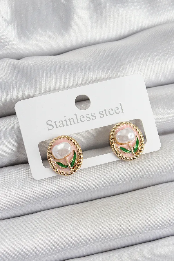 Pirinç Pembe Mineli Lale Figürlü Sanatsal Portre Model Gold Renk Kadın Küpe