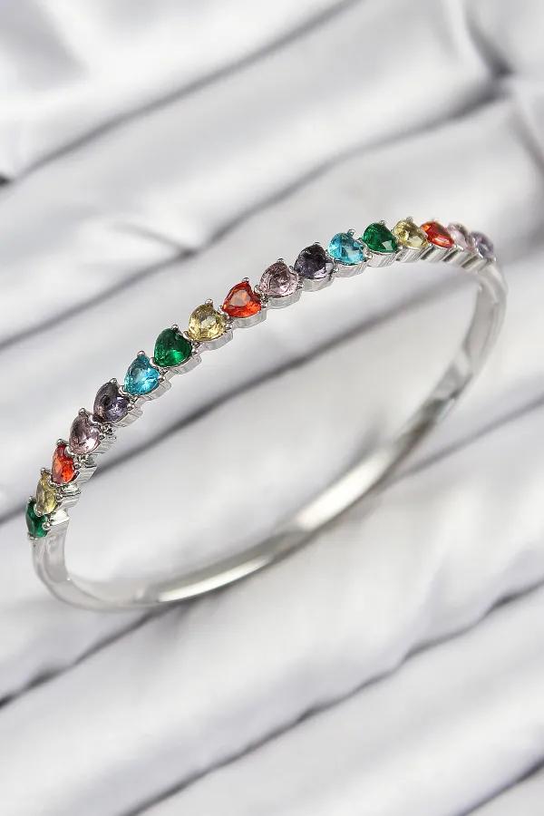 Pirinç Renkli Zirkon Taşlı Kalp Model Gümüş Renk Kadın