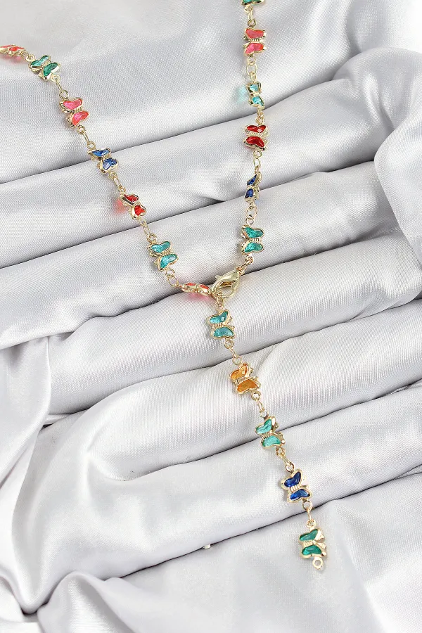 Pirinç Renkli Zirkon Taşlı Kelebek Model Gold Renk Kadın Y Kolye