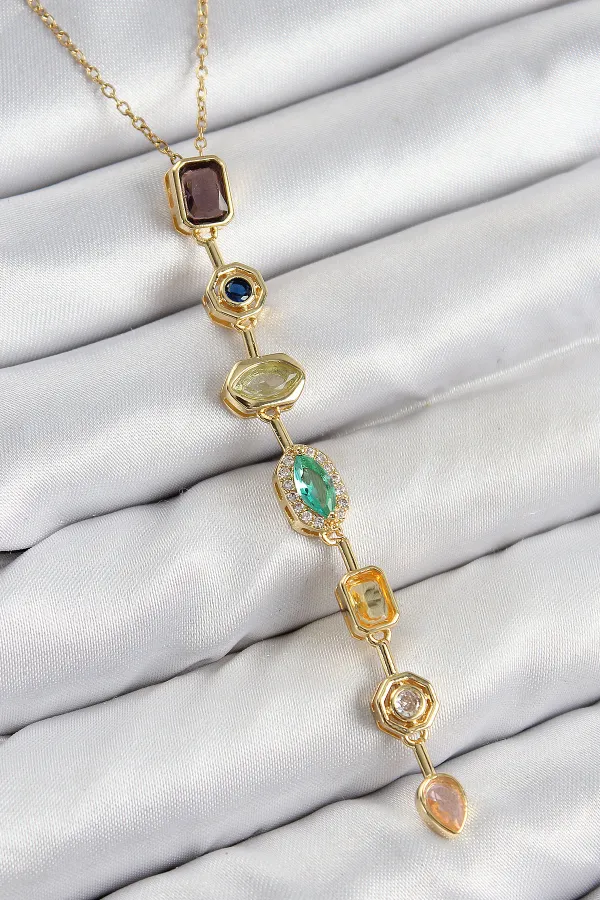 Pirinç Renkli Zirkon Taşlı Model Gold Renk Kadın Y Kolye