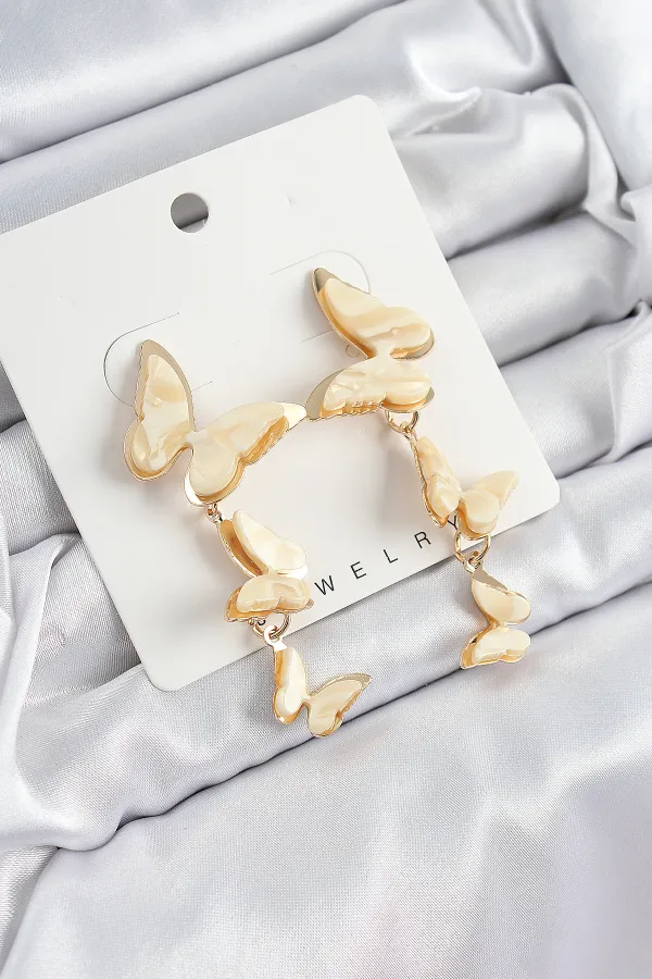 Pirinç Sallantılı Mermer Desenli Kelebek Model Gold Renk Vintage Kadın Küpe