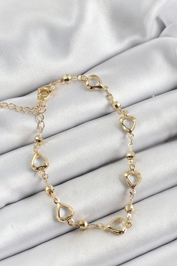 Pirinç Şeffaf Kalp Model Gold Renk Zirkon Taşlı Kadın Bileklik