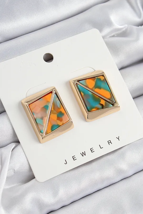 Pirinç Turuncu Yeşil Üçgen Kesim Detaylı Kare Model Vintage Gold Renk Kadın Küpe