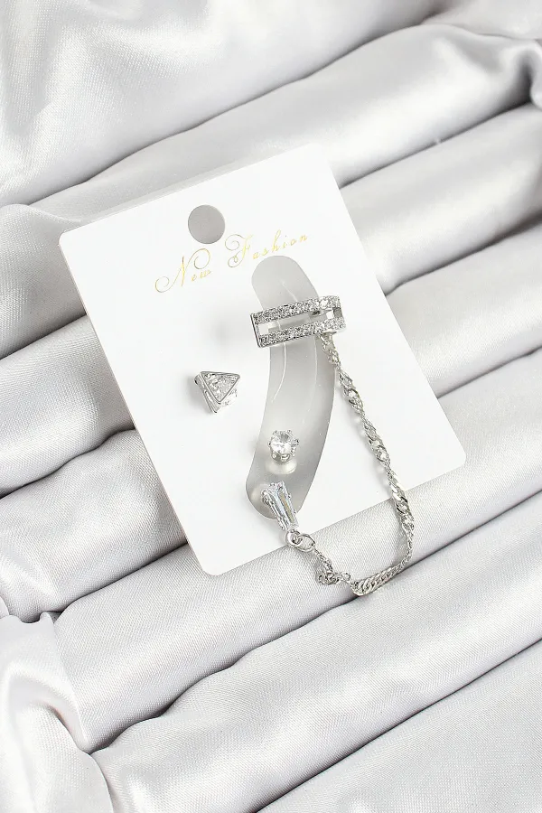 Pirinç Üçgen Figürlü Zirkon Taşlı Gümüş Renk 3'lü Kıkırdak Kadın Küpe Set