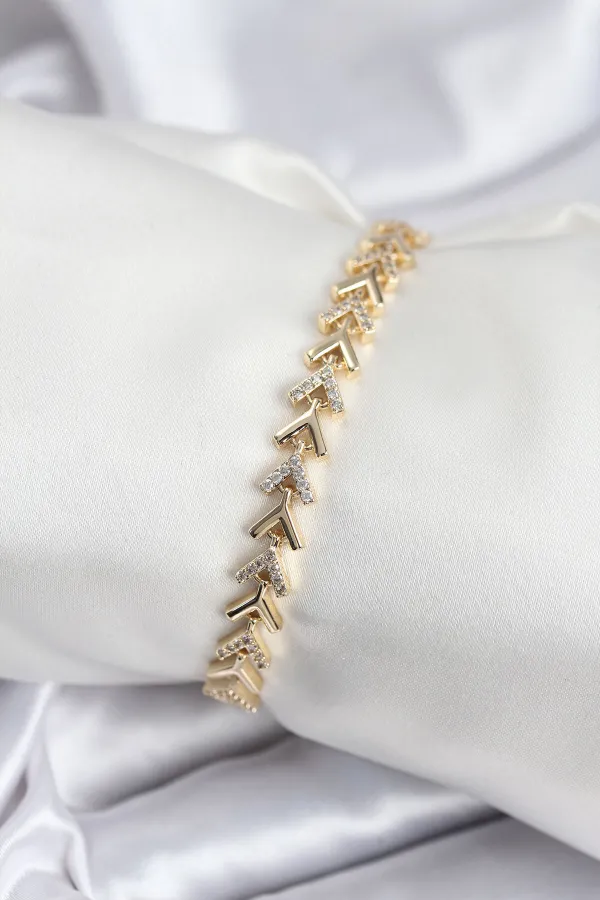 Pirinç VIP Seri Gold Zirkon Taşlı Balık Sırtı Model Kadın Bileklik