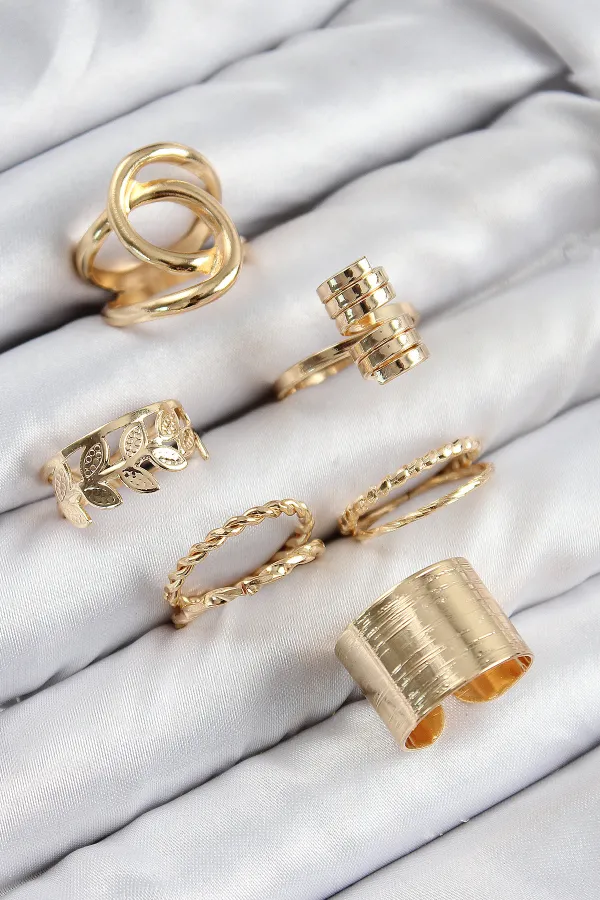 Pirinç Yaprak Model Gold Renk Kadın Yüzük Kombin Set