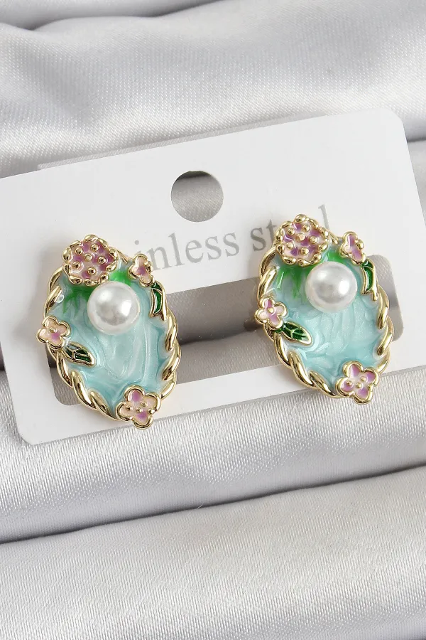 Pirinç Yeşil Mineli İnci Detaylı Sanatsal Portre Model Gold Renk Kadın Küpe