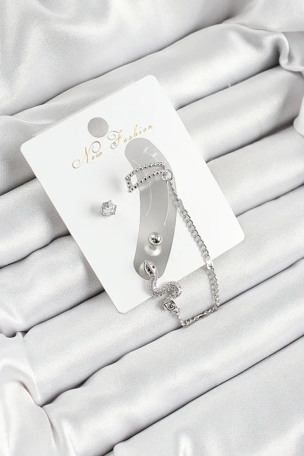 Pirinç Yılan Figürlü Zirkon Taşlı Gümüş Renk 3'lü Kıkırdak Kadın Küpe Set