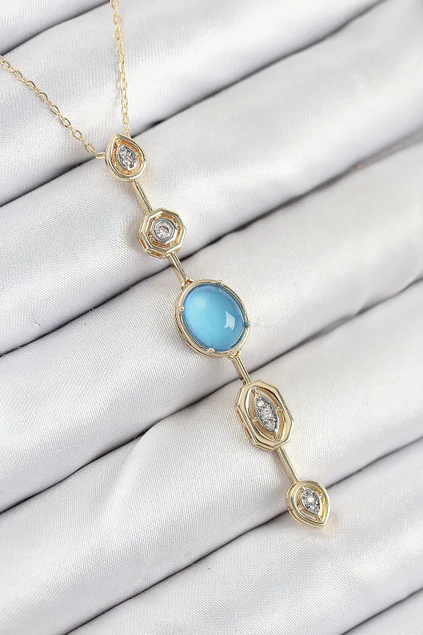Pirinç Zincir Mavi Gold Renk Zirkon Taşlı Y Kolye
