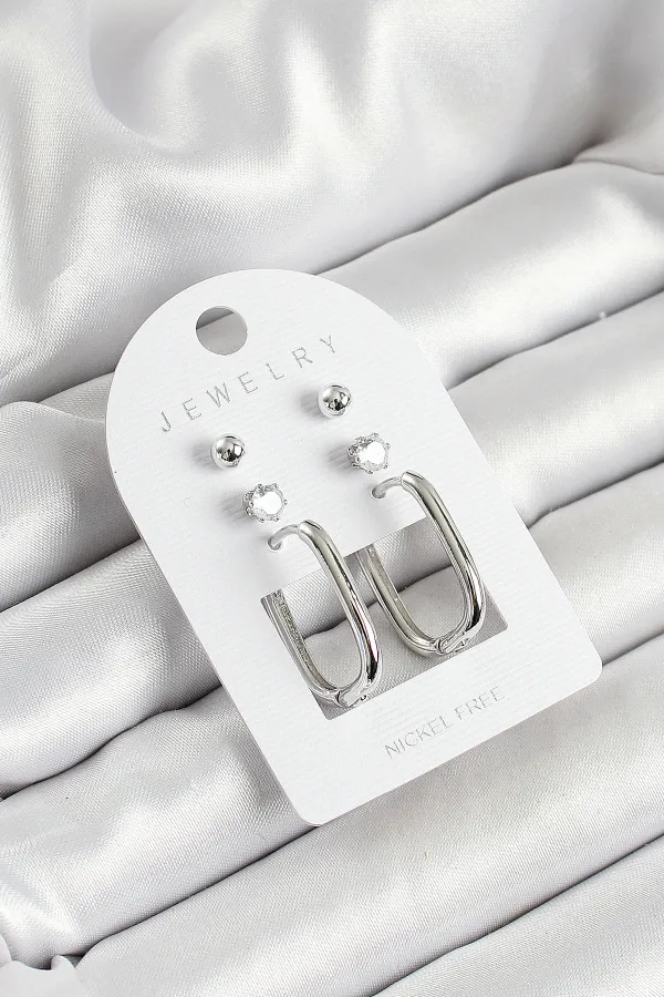 Pirinç Zirkon Taş Ve Dikdörtgen Figürlü Gümüş Renk 3'lü Çift Kadın Küpe Set