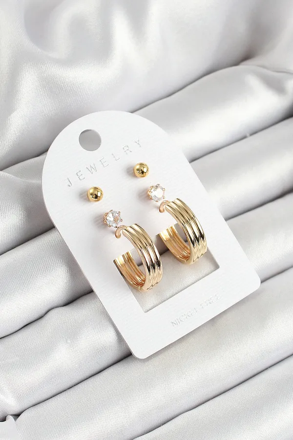 Pirinç Zirkon Taş Ve Halka Figürlü Gold Renk 3'lü Çift Kadın Küpe Set