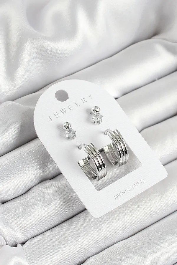 Pirinç Zirkon Taş Ve Halka Figürlü Gümüş Renk 3'lü Çift Kadın Küpe Set