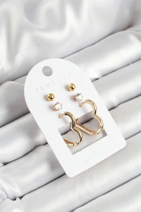 Pirinç Zirkon Taş Ve Kalp Figürlü Gold Renk 3'lü Çift Kadın Küpe Set
