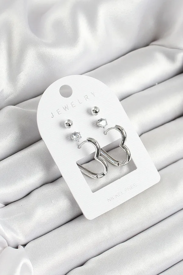 Pirinç Zirkon Taş Ve Kalp Figürlü Gümüş Renk 3'lü Çift Kadın Küpe Set