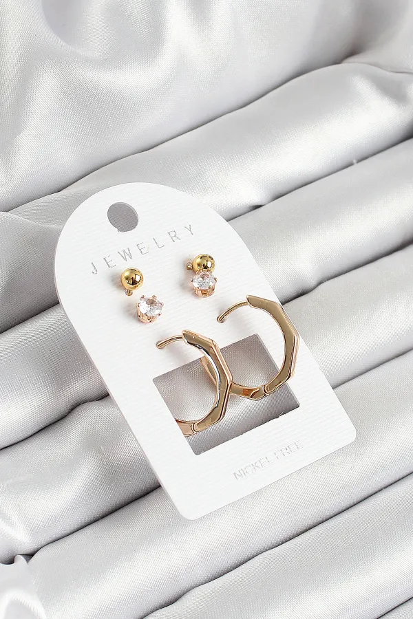 Pirinç Zirkon Taş Ve Kemik Halka Figürlü Gold Renk 3'lü Çift Kadın Küpe Set