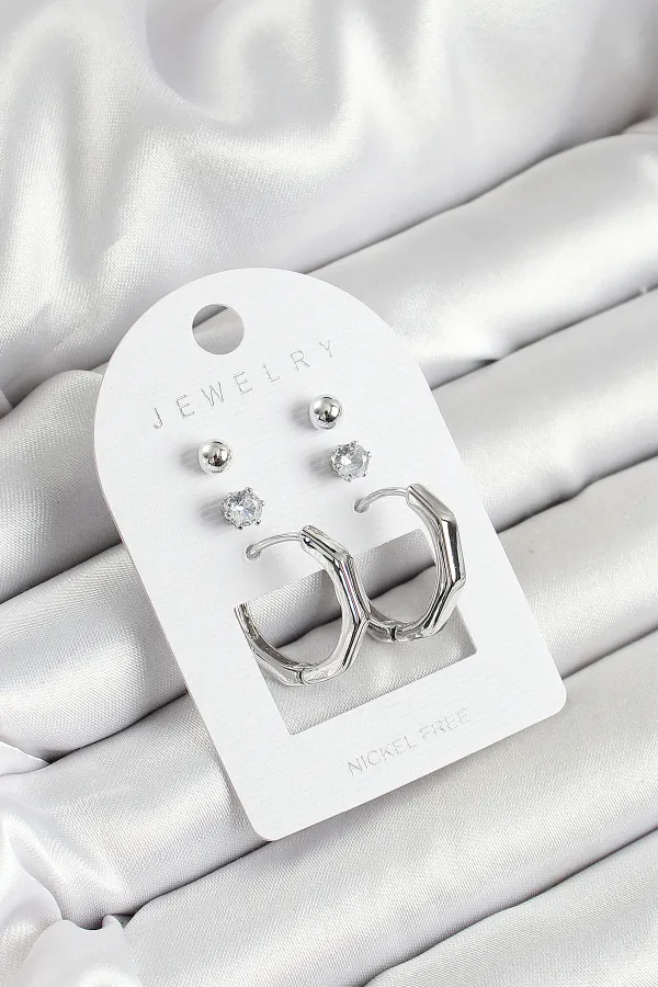 Pirinç Zirkon Taş Ve Kemik Halka Figürlü Gümüş Renk 3'lü Çift Kadın Küpe Set