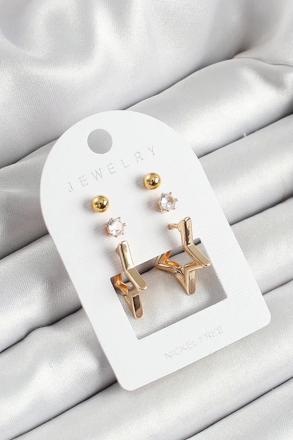 Pirinç Zirkon Taş Ve Yıldız Figürlü Gold Renk 3'lü Çift Kadın Küpe Set