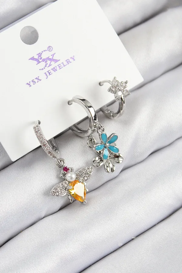 Pirinç Zirkon Taşlı 3'lü Arı Ve Çiçek Model Gümüş Renk Kadın Küpe