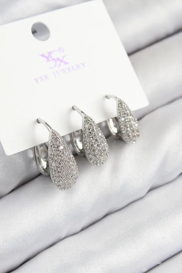 Pirinç Zirkon Taşlı 3'lü Damla Model Gümüş Renk Kadın Küpe