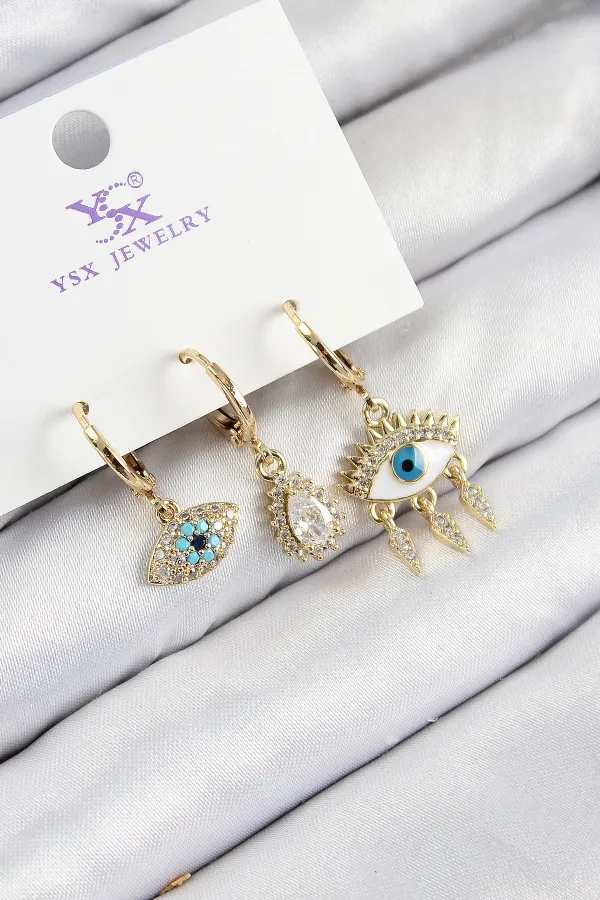 Pirinç Zirkon Taşlı 3'lü Fatma'nın Gözü Model Gold Renk Kadın Küpe