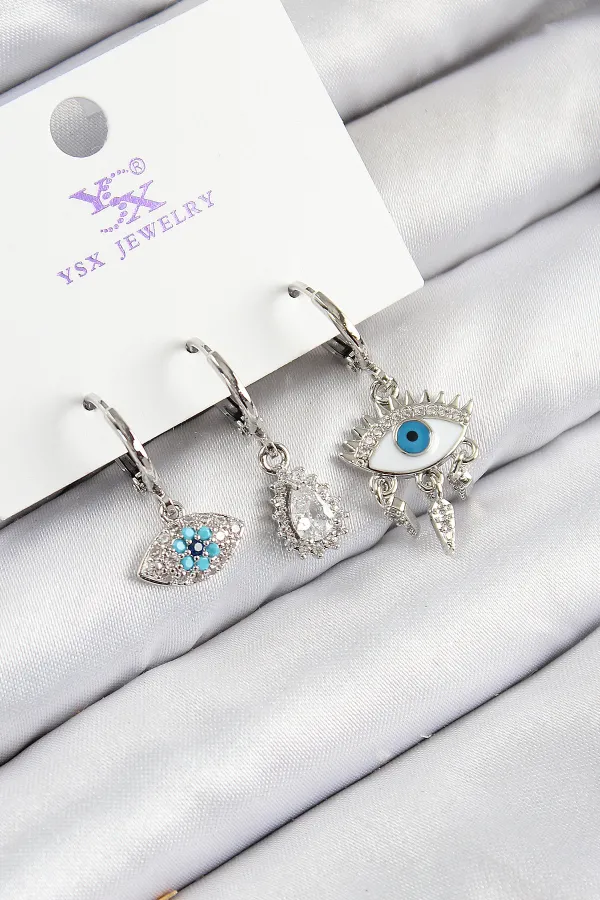 Pirinç Zirkon Taşlı 3'lü Fatma'nın Gözü Model Gümüş Renk Kadın Küpe