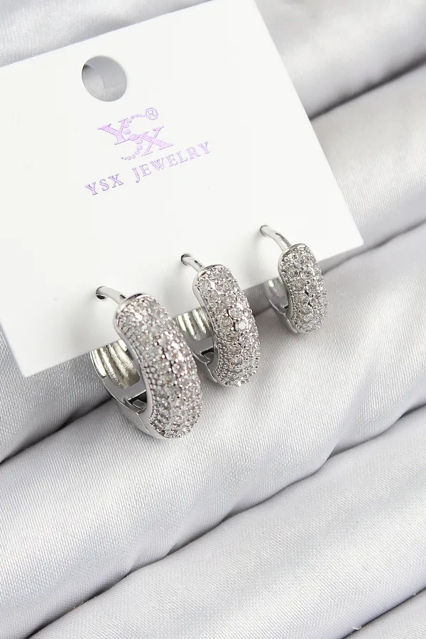 Pirinç Zirkon Taşlı 3'lü Halka Model Gümüş Renk Kadın Küpe