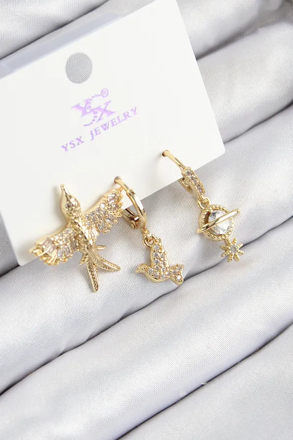 Pirinç Zirkon Taşlı 3'lü Kuş Model Gold Renk Kadın Küpe