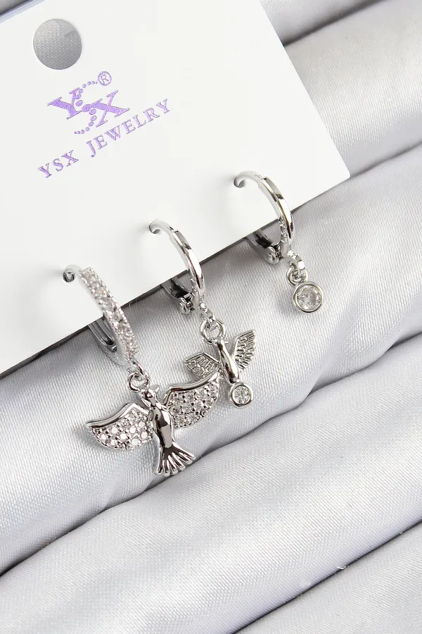 Pirinç Zirkon Taşlı 3'lü Kuş Model Gümüş Renk Kadın Küpe